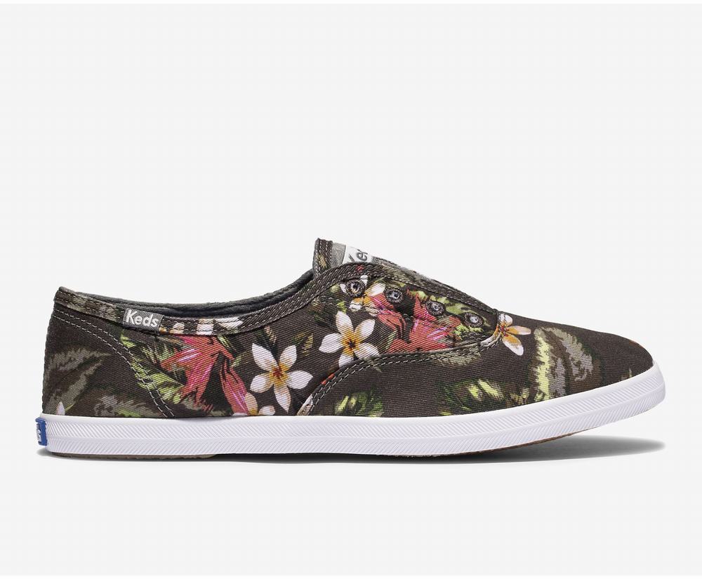 Women's Keds CHilax Feat Organic Cotton Tropical Washable Slip Ons Black Multicolor 3180456DT - Sout